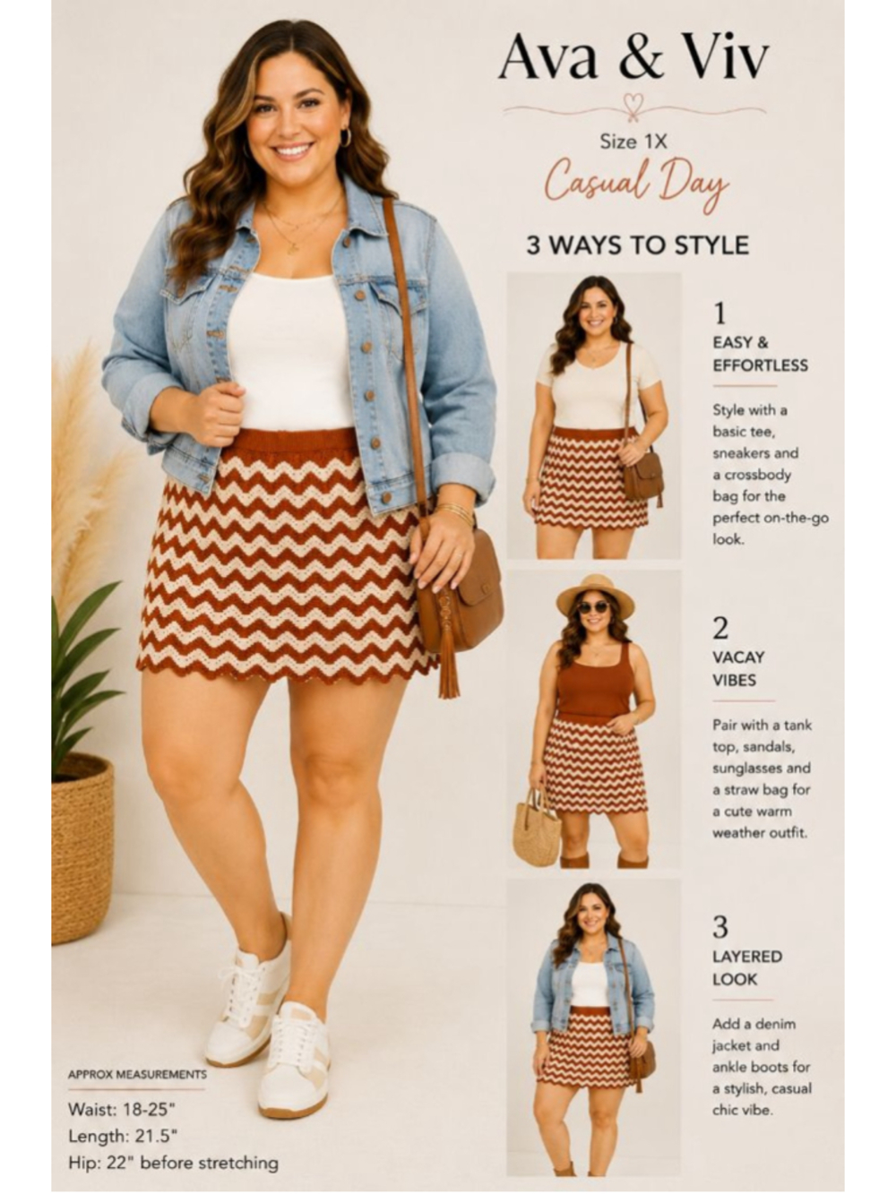 Ava & Viv 1X Chevron Crochet Knit Mini Skirt NWT Boho Rust Cream Stretch Texture